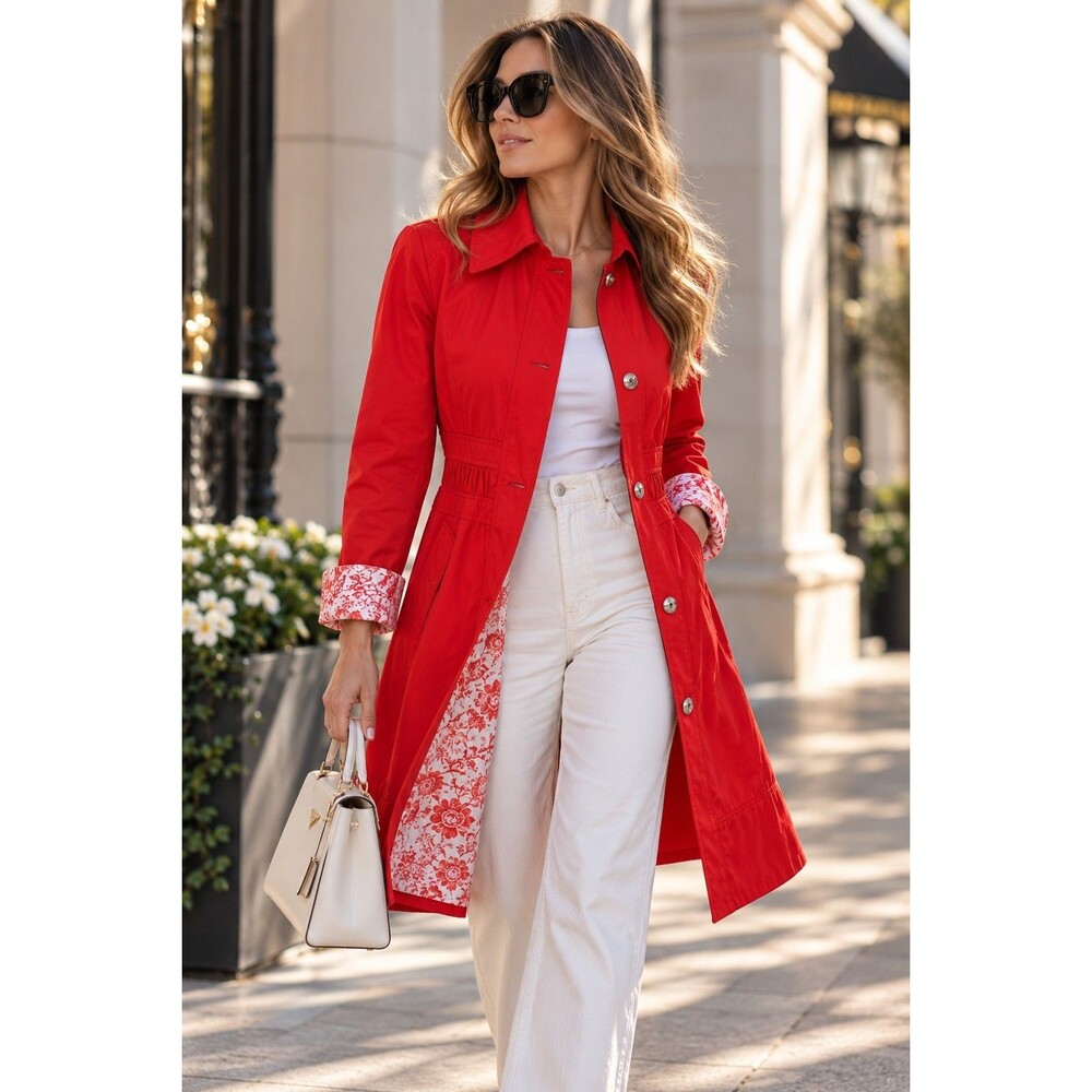 GUESS Women Red Trench Coat Floral Lining Silver Buttons Y2K Fitted Jacket S